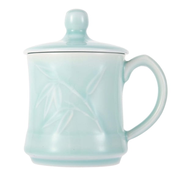 Celadon Teacup, Green Valley Luxury Bamboo Leaf Pattern Celadon Cup with Lid, 13oz, Light Greenish Blue