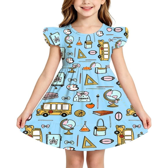 FYDUU Back To School Dress for Girls Cute Print Short Sleeve Dress Summer Dresses Casual A-Line Sundress First Day of School Outfit for Kids 3-4 Years