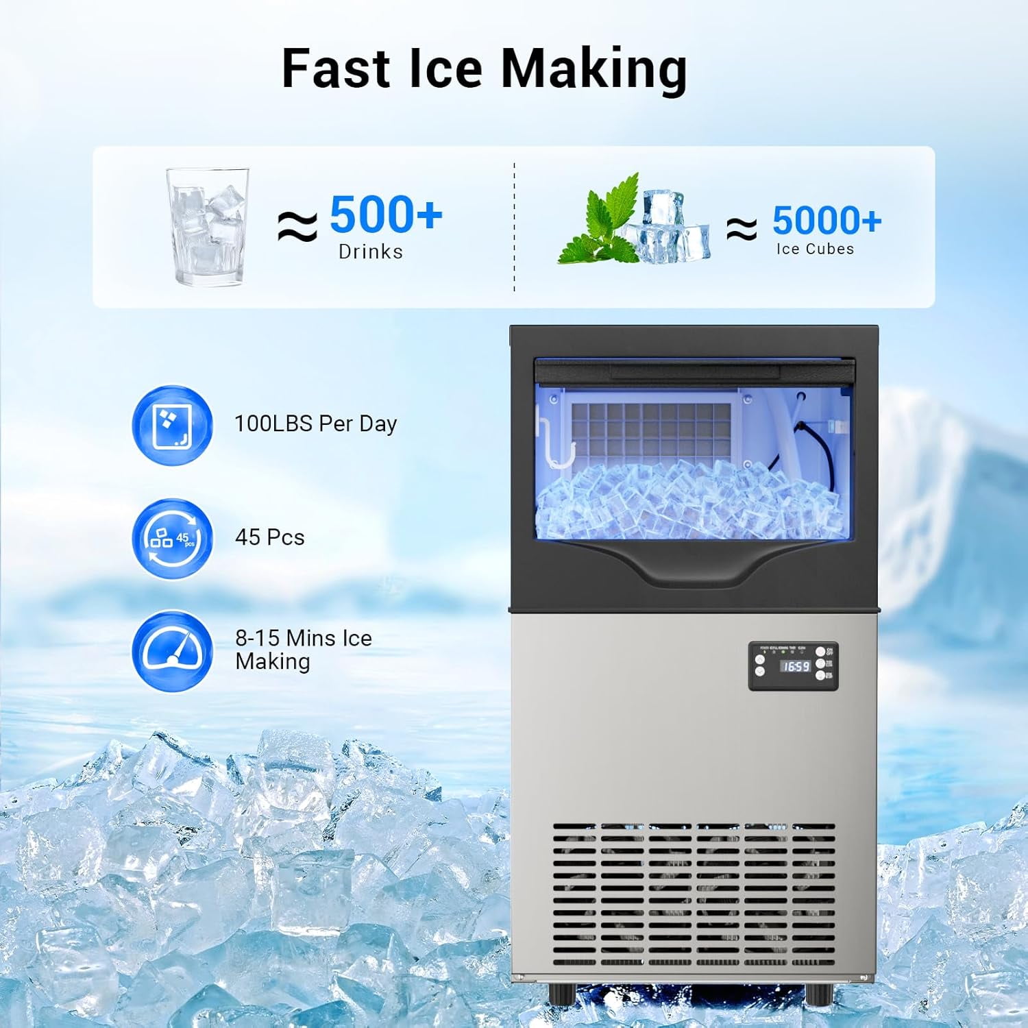 Commercial Under Counter Ice Maker, 100 Lbs/24H Ice Machine with 33 Lbs Storage Bin, Makes 45 Ice Cubes in 8-12 Mins, Adjustable Ice Thickness for Bar, Coffee Shop Commercial Use