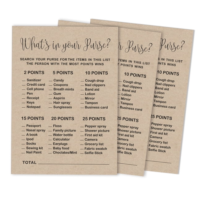Inkdotpot 50-PackKraft RusticWhats In Your Purse Bridal ShowerGameWedding Shower Bachelorette Party Bulk ActivityGameCards