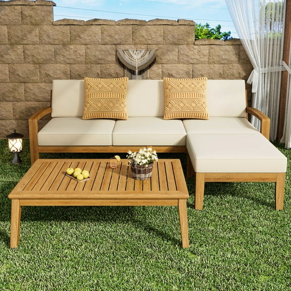 L Shape Patio Made Of Wood With Modern Cushions Outdoor Sectional Seating Transitional Design