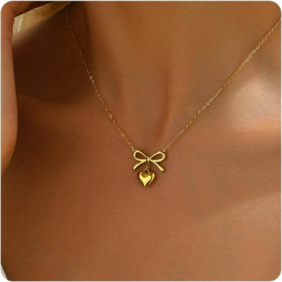 Gold Necklace for Women 18K Gold Plated Dainty Bow with Pearl Pendant Necklace Tiny CZ Bow Herringbone Chain Necklace Trendy Necklaces Gold Jewelry