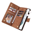 thumbnail image 4 of Zipper Wallet Case for Samsung Galaxy S22 Ultra with Large Capacity Card Slots Holder Flip Folio Cover, Premium PU Leather Magnetic Clasp Wrist Strap Kickstand Soft Silicone Shockproof Case,Brown, 4 of 7