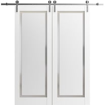 Sturdy Double Barn Door 56 x 80 inches with | Planum 0888 Painted White with Frosted Glass | Stainless Steel 13FT Rail Hangers Heavy Set | Solid Panel Interior Doors