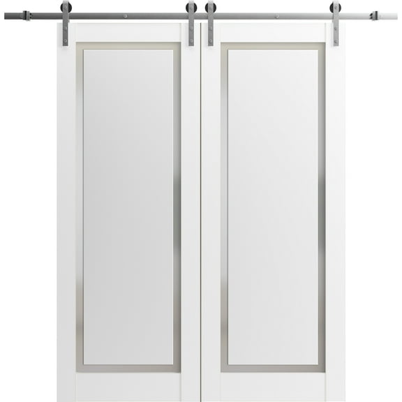 Sturdy Double Barn Door 48 x 80 inches with | Planum 0888 Painted White with Frosted Glass | Stainless Steel 13FT Rail Hangers Heavy Set | Solid Panel Interior Doors