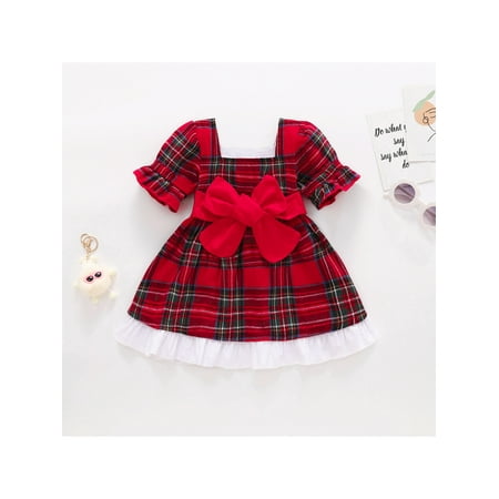 

LSFYSZD Baby Girls Square Neck Puff Sleeve Bowknot Plaid One-Pieces Dress