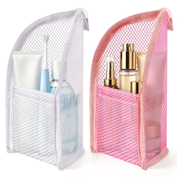 Standing Toiletry Bag 2 Pack – Lightweight EVA Waterproof Travel Organizer with Mesh Pockets, White & Pink for Men Women