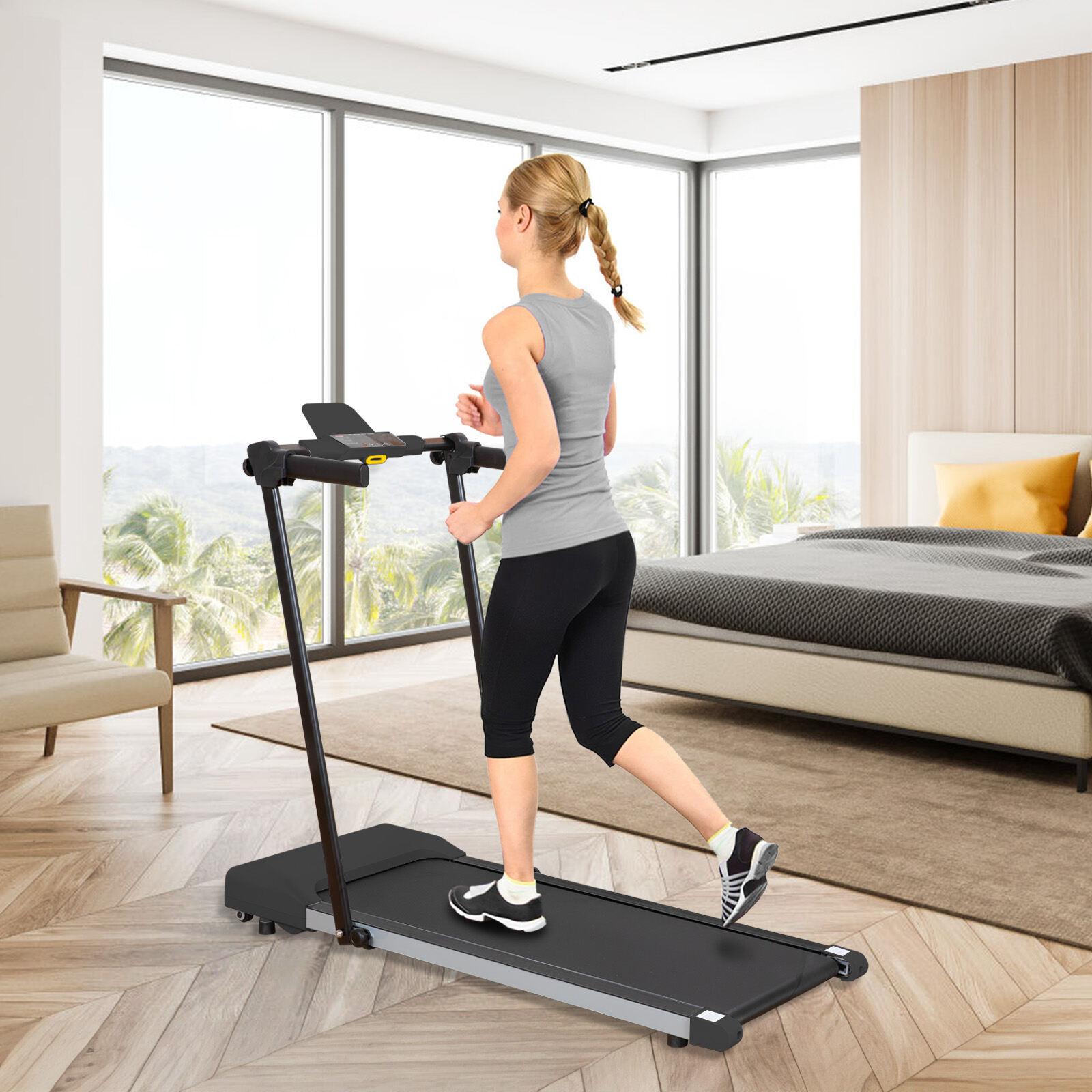 Black Iron Treadmill for Home, 49.2""L x 23.6""W x 42.9""H, 50.1lbs, LED Screen Treadmill with 7.5mph Speed, Walking & Running Machine with Built-in Wheels for Easy Storage