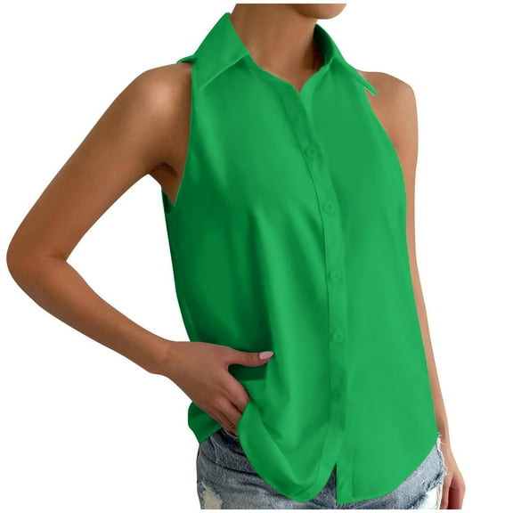 TKLPEHG Womens Sleeveless Tops Summer Button Lapel Shirts Solid Color Lightweight Casual Loose Going Out Tops Blouses(Green,S)