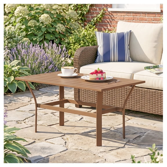 Outdoor Coffee Table, Metal Patio Table with Slatted Top, All-Weather Rectangle Garden Table, Brown - 36x21.7 inches