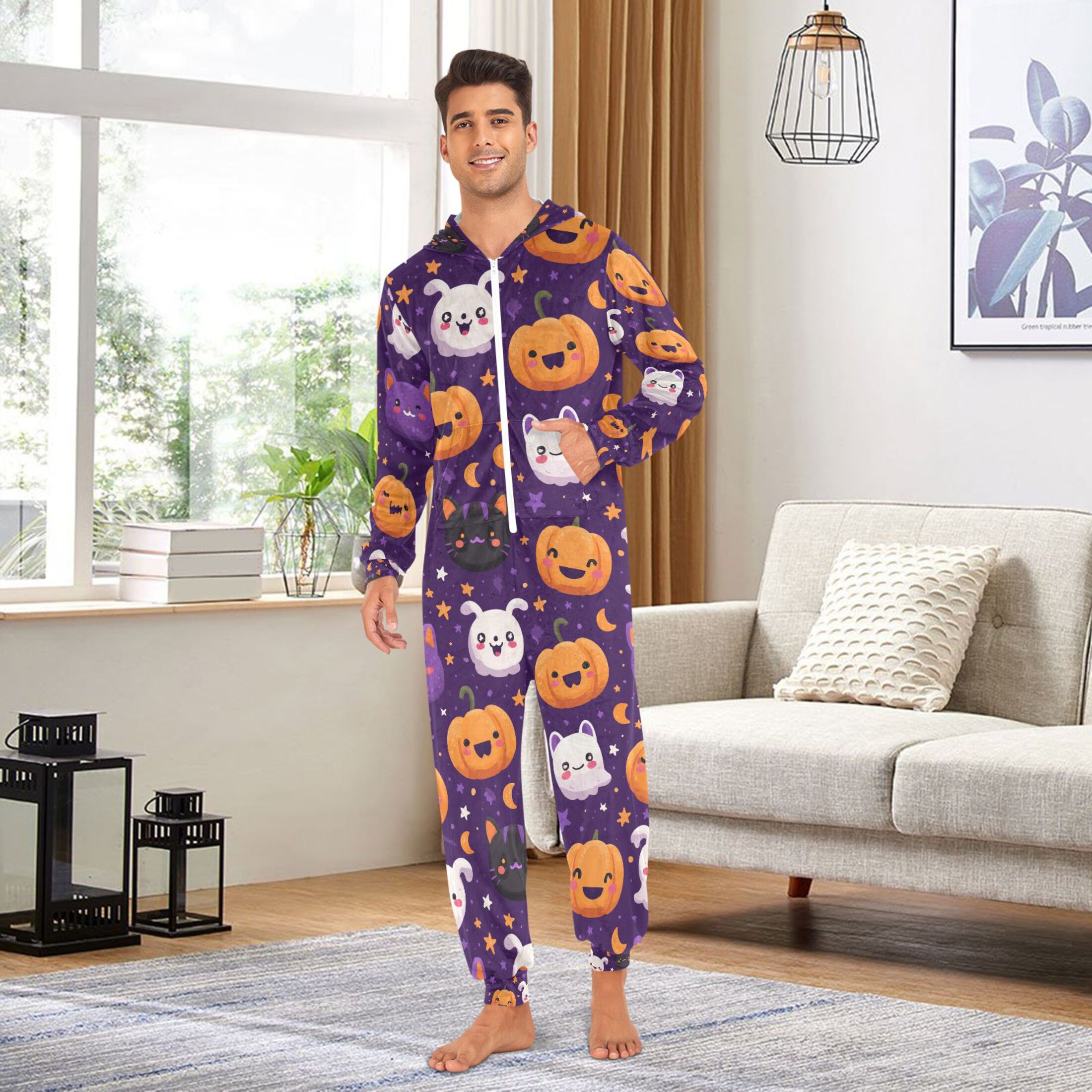 Adult Christmas Onesie Cute Cartoon Pumpkin Ghost Adult Zipper One-Piece Pajamas Unisex Pajamas with Pockets