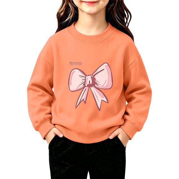 Toddler Girls Sweatshirt Cotton Crew Neck Bow Graphic Fall Winter Pullover