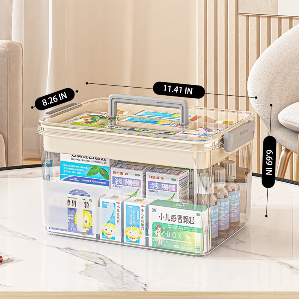 Clear Medicine Organizer Box with Handle, Plastic Medicine Container with Tray First Aid Box Empty, Thickened Medicine Storage Organizer Multipurpose Medication Organizer Storage