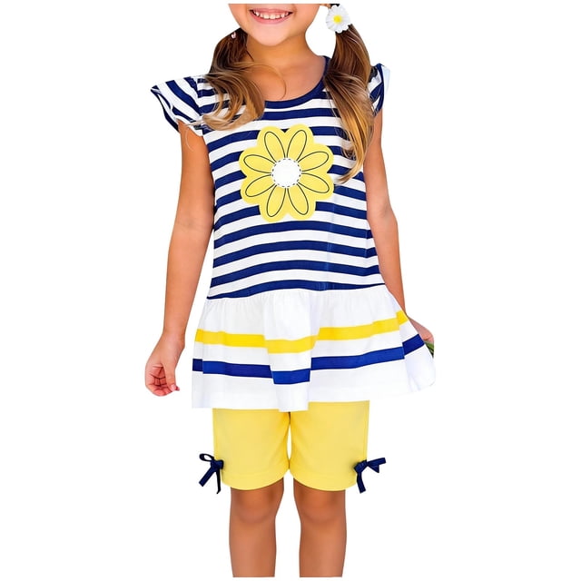 Conjuntos de blusas y camisas de cuello redondo y manga corta para niños, top con estampado a rayas y cuello redondo con mangas voladoras y pantalones cortos de capa base de color liso, conjunto infor