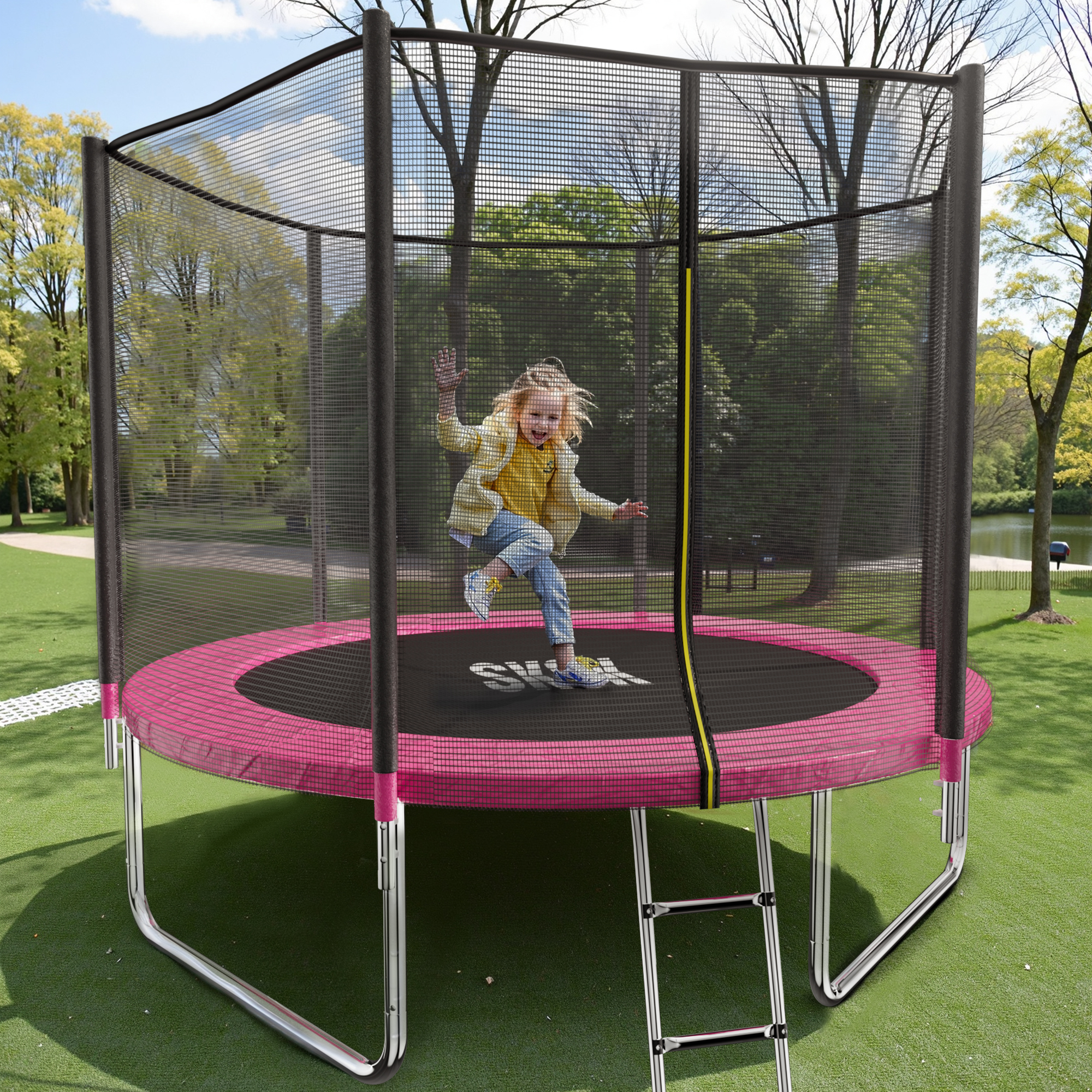 SKOK 8FT Pink Trampoline with 400LBS Capacity, Ladder, Waterproof, Heavy Duty for Outdoor & Indoor