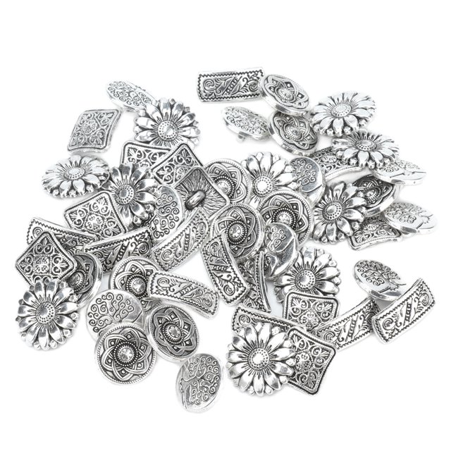 Gupbes 50Pcs Button Mixed Antique Silver Round Tetragonum Flower Shape Retro Creativity Clothing Accessories,Button,Creativity Button