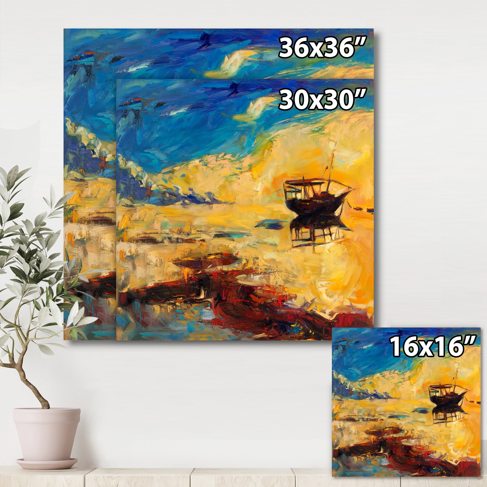 Designart ' Abstract Boat At The Ocean Horizon During Sunset ' Nautical & Coastal Canvas Wall Art Print