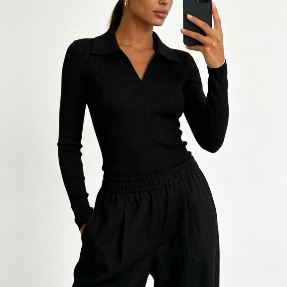 ClodeEU Women's Collared V Neck Ribbed Long Sleeve Sweater,Casual Slim Fit Knit Pullover Top Black,Women's Plus L