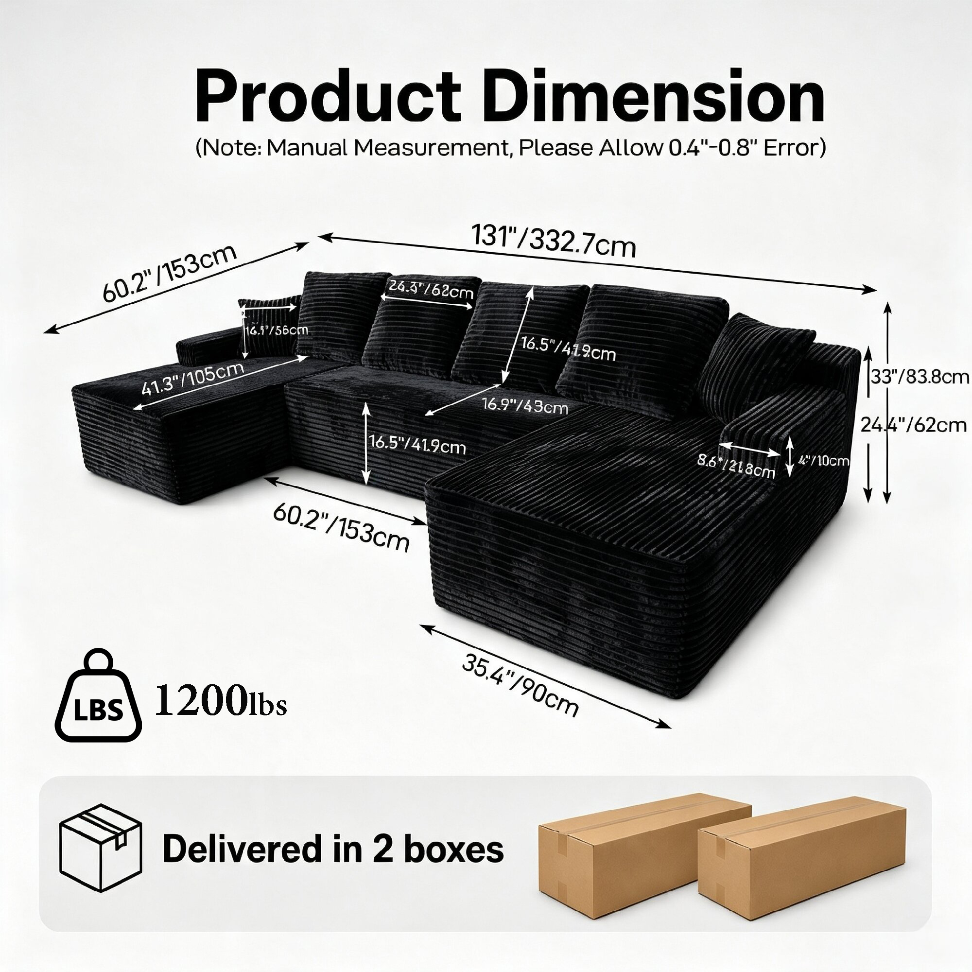 Howcool 131" U‑Shaped Modular Sectional Sofa with Deep Seat Chaise,Corduroy 4‑Seat Boneless Cloud Couch,Compressed Sofa for Living Room,No Assembly Required,Black