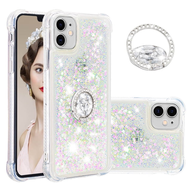 Funda para iPhone 11 con Brillo Líquido Flotante, Purpurina, Parachoques y Anillo Giratorio Soporte