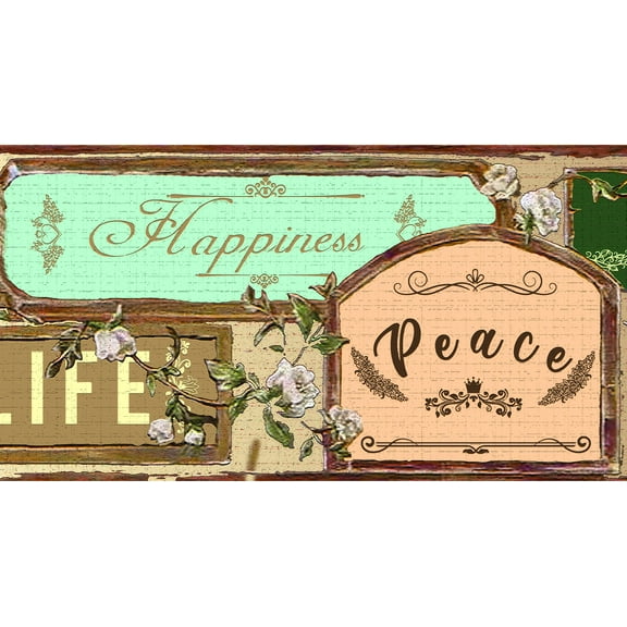 Dundee Deco Peel and Stick Self Adhesive Wallpaper Border - Retro Beige, Brown, Green Peace, Love, Happiness, 15 ft x 7 in