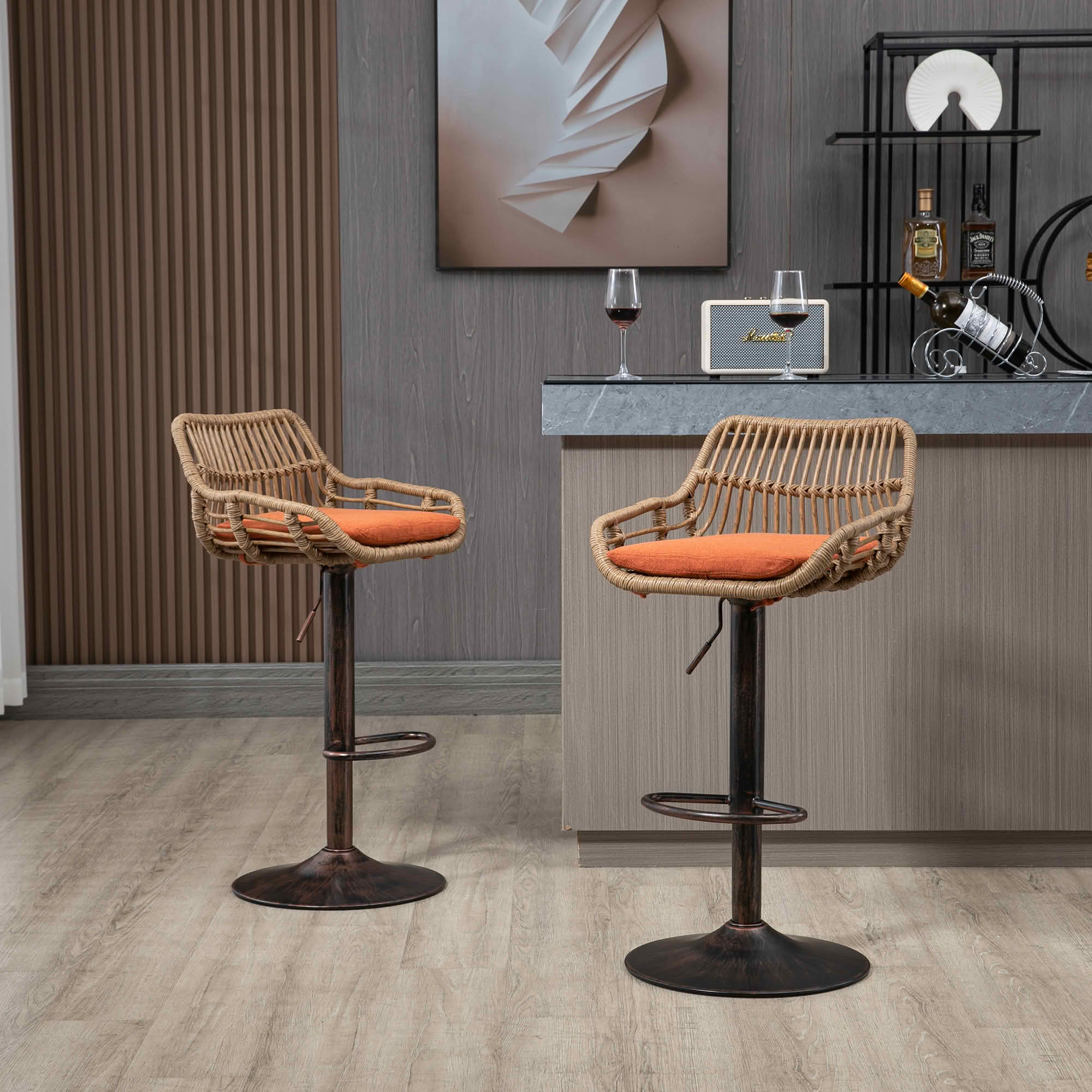 MAYEERTY Swivel Bar Stools Set of 2, Adjustable Height Chairs with Footrest, Linen and PE Rattan Back, Orange