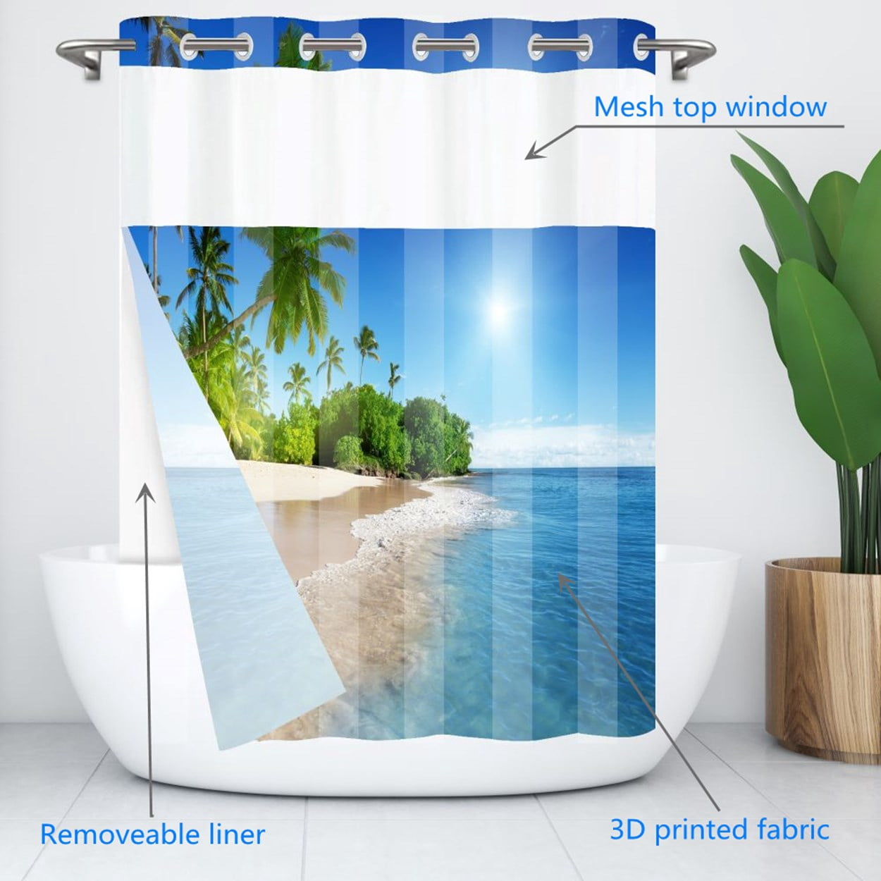 Goodbath No Hook Shower Curtain with Snap in Liner,Ocean Beach Seaside Palm Trees Island Shower Curtains, Double Layer, Mesh Top Window,71 x74 inches,Blue