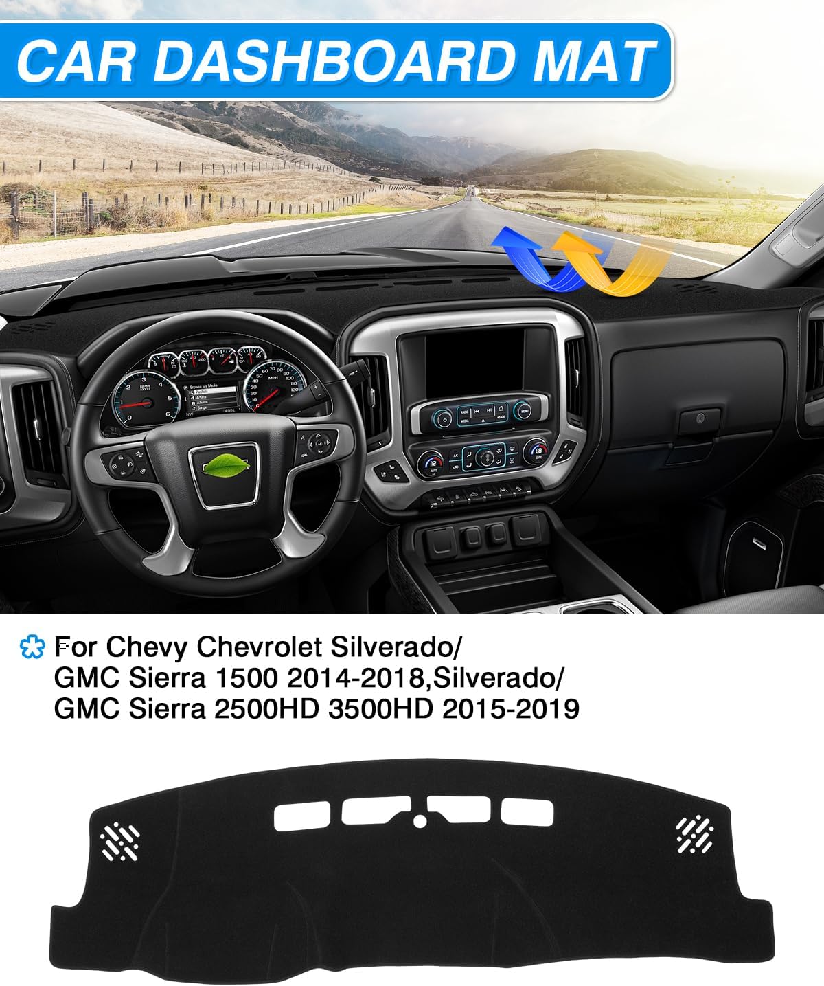 Canvcle Dash Cover Custom Fit for Chevy Chevrolet Silverado/GMC Sierra 1500 2014-2018,Silverado/GMC Sierra 2500HD 3500HD 2015-2019 Accessories Dashboard Cover Mat