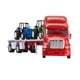 thumbnail image 1 of Wheel Master Camión de juguete modelo fundido a presión Red Peterbilt 387 Remolque de tractor de plataforma plana con 2 tractores agrícolas que abren puertas Escala interactiva 1:32, 1 of 5