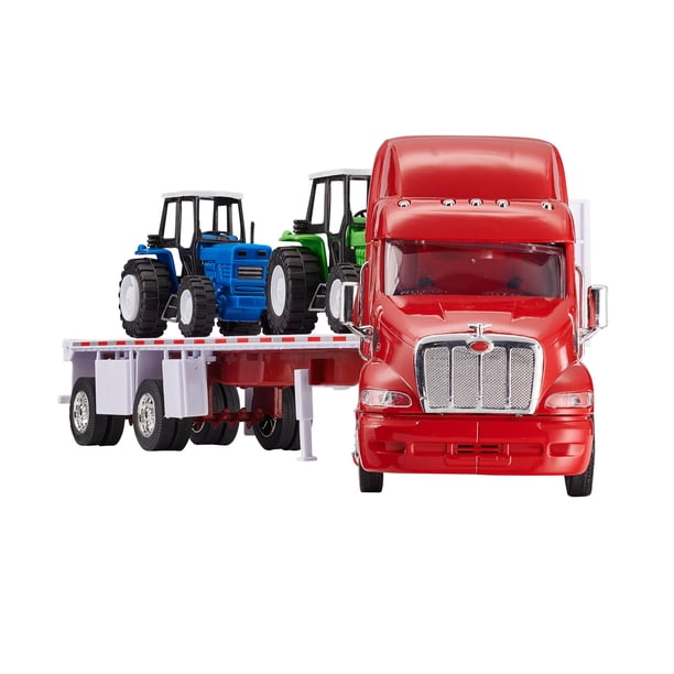 Wheel Master Camión de juguete modelo fundido a presión Red Peterbilt 387 Remolque de tractor de plataforma plana con 2 tractores agrícolas que abren puertas Escala interactiva 1:32