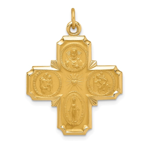 14K Yellow Gold 4-Way Medal Pendant, Polished and Satin Finish, 31 mm