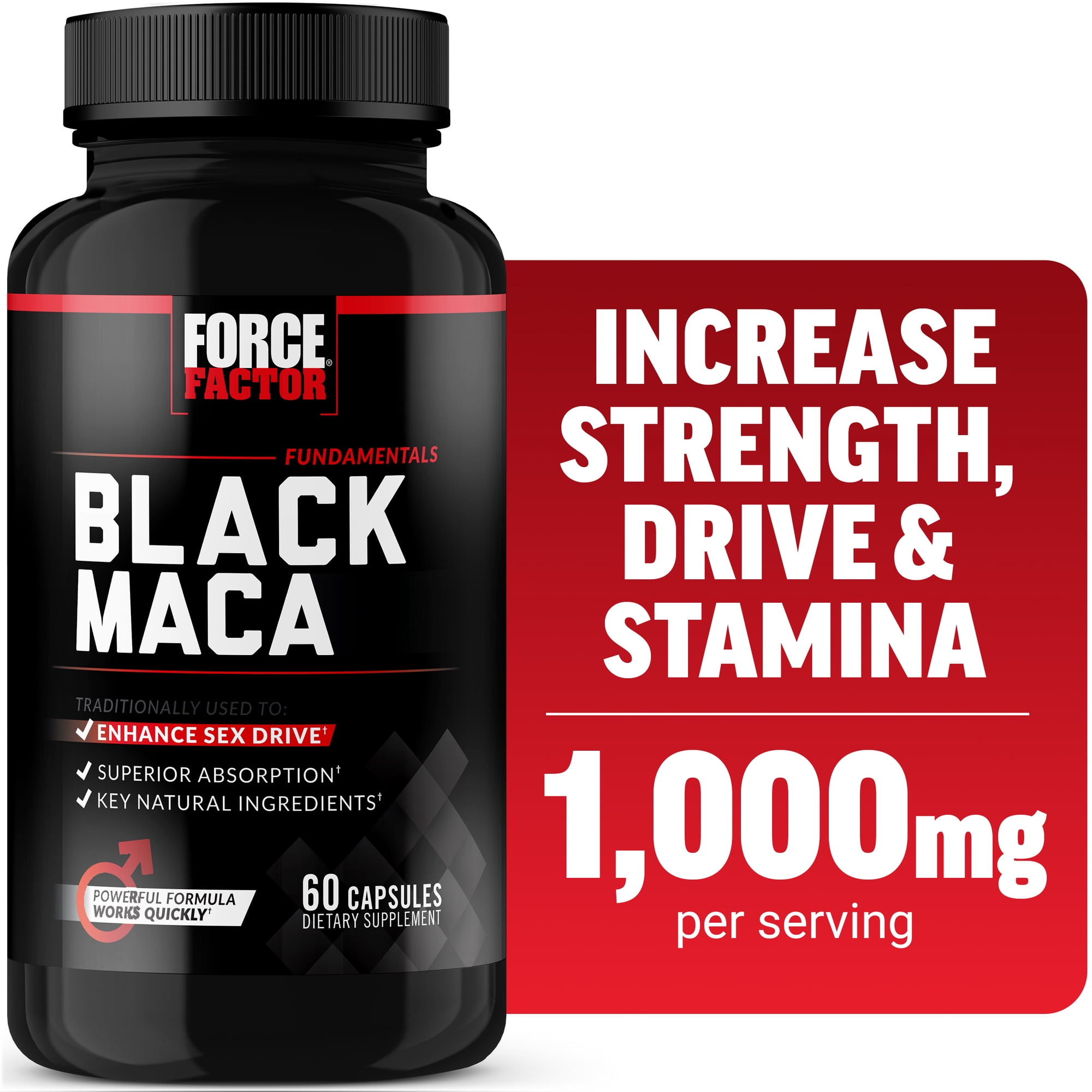 Force Factor Black Maca for Men & Women with 1000mg Black Maca Root Extract for Energy, Strength, Drive & Libido, Superior Absorption, 60 Capsules