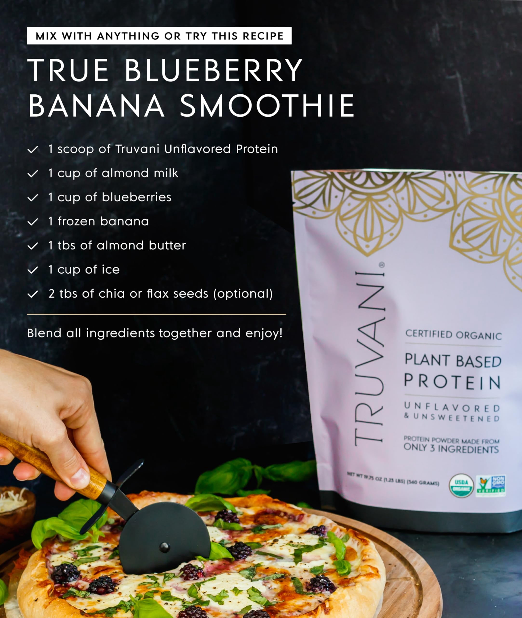 Truvani Vegan Plant Based Pea Protein Powder | Organic | Unflavored | 20 Servings | Gluten & Dairy Free