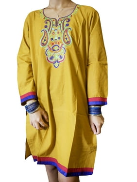 Mogul Women Tunic Dress Yellow Embroidered Cotton Summer Beach Dress Comfy Boho Tunic M