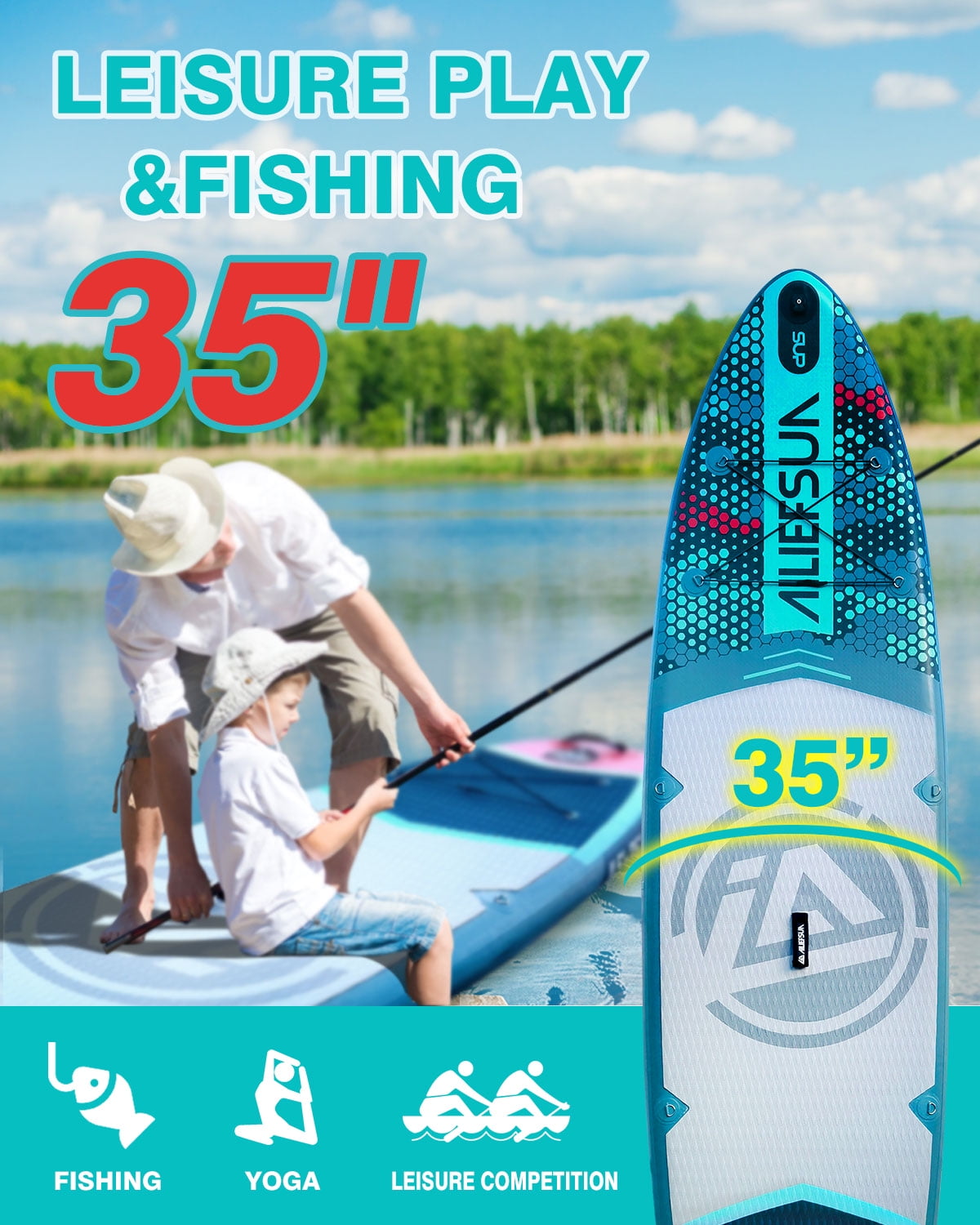 Azure Mist 11'6"*35"*6" Ailiefsun Stand Up Paddle Board Inflatable Stable Sup Board with Fishing Paddleboards Accessories for Adults Youth Wide Non-Slip Deck Surfboard