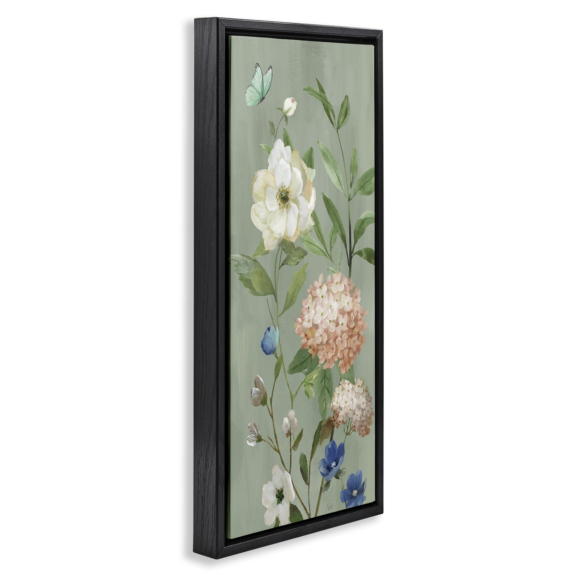 Stupell Industries Mint Floral Cluster & Butterfly Black Framed Floater Canvas Wall Art, design by Nan