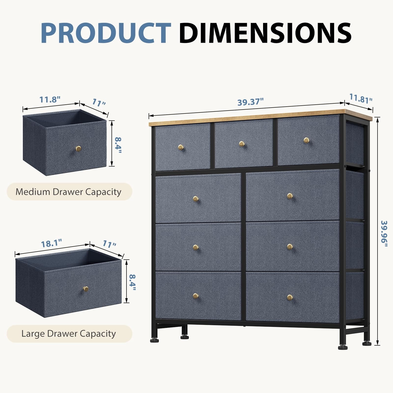 Telyra 9-Drawer Fabric Dresser Tall Storage Tower with Wood Top and Steel Frame Bedroom Closet Organizer, Greyish Blue