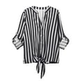 thumbnail image 7 of Tmtolofot Colorful Striped Shirts For Women 3/4 Sleeves Front Tie Tunic Blouse Female Stripes Modern Style Top Women's Casual V-Neck Tops Lightweight Comfy Pull-On Shirts,1_Black,Large, 7 of 7