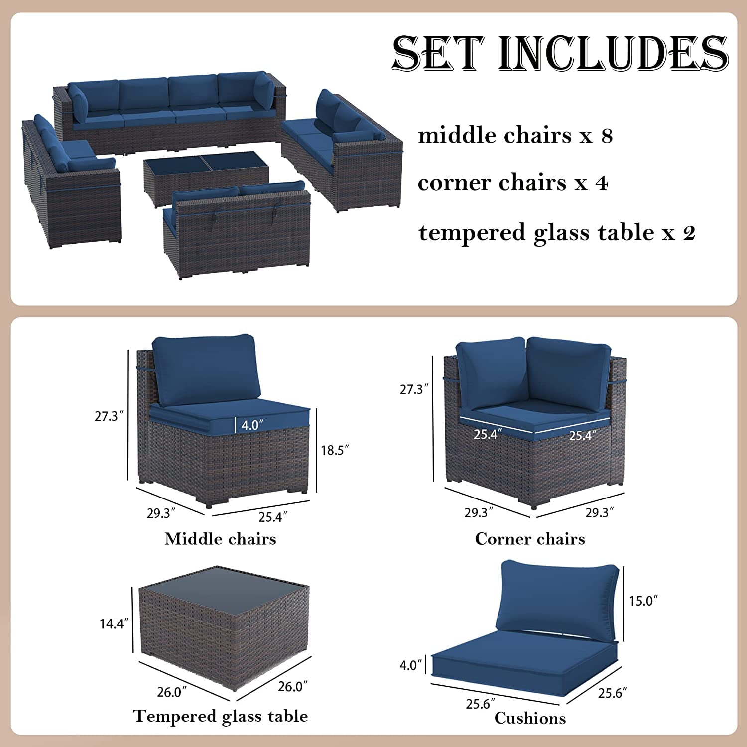 Gotland Outdoor Patio Furniture Set 14 Pieces Sectional Rattan Sofa Set PE Rattan Wicker Patio Conversation Set with Seat Cushions and Tempered Glass Table,navy blue