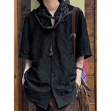 Cuban Collar Short Sleeve Textured Pattern Shirt, Men's