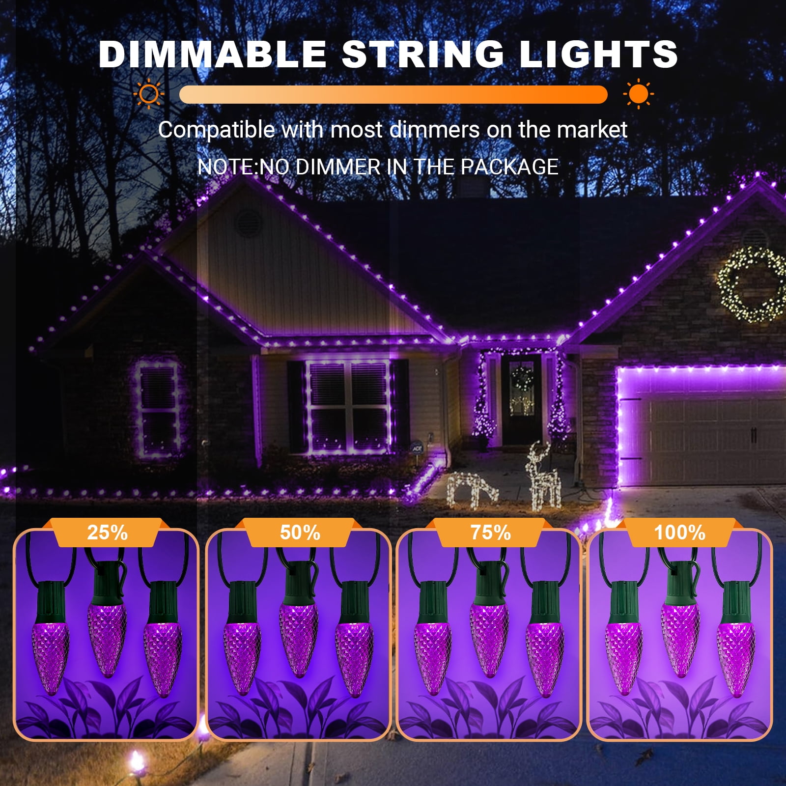 LAMPHOME Purple C9 Christmas String Light Outdoor, 25FT Shatterproof LED for House Rooflines & Pathways, Connectable Waterproof Vintage Christmas Light for Tree, Yard, Patio, Porch, Garden