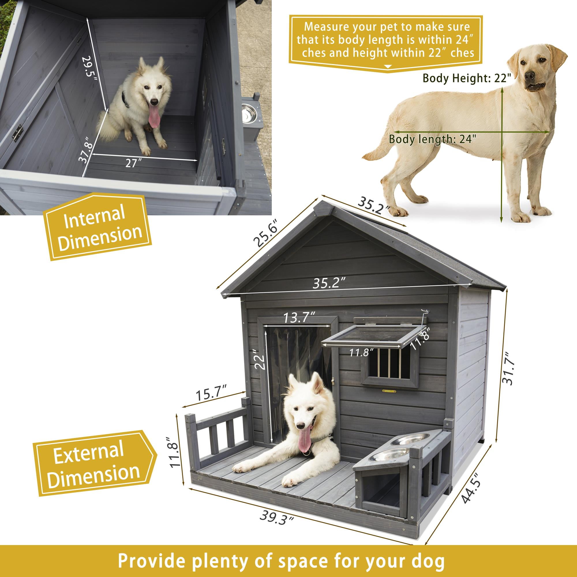 Pefilos 44" Wooden Dog House Outdoor Large Dog Kennel Weatherproof with Two Metal Bowls, Terrace for Small to Medium Dogs, Gray Pefilos 44" Wooden Dog House Outdoor Large Dog Kennel Weatherproof with Two Metal Bowls, Terrace for Small to Medium Dogs, Gray