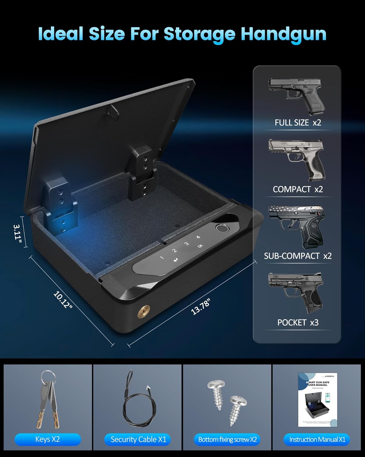 Adoreal Smart Biometric Gun Safe for Handguns, 4 Ways Quick-Access Fingerprint Gun Safe for Pistols, Fingerprint/Digital Keypad/Key/APP Gun Locks Box for 2 Guns, Sturdy Heavy Steel Construction