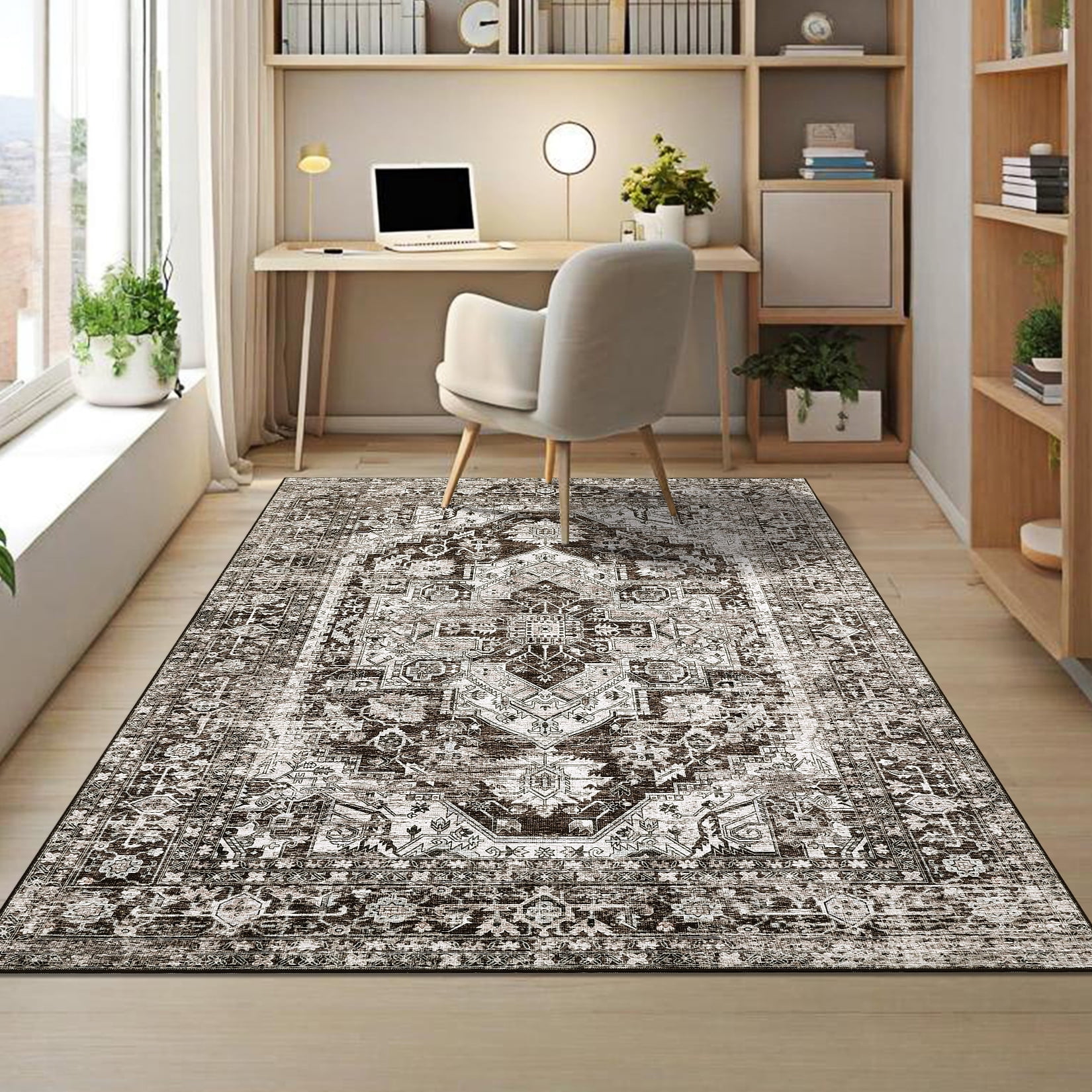 Hasoo Area Rug 5' x 7' Vintage Carpet Machine Washable Rugs for Living Room Bedroom Brown