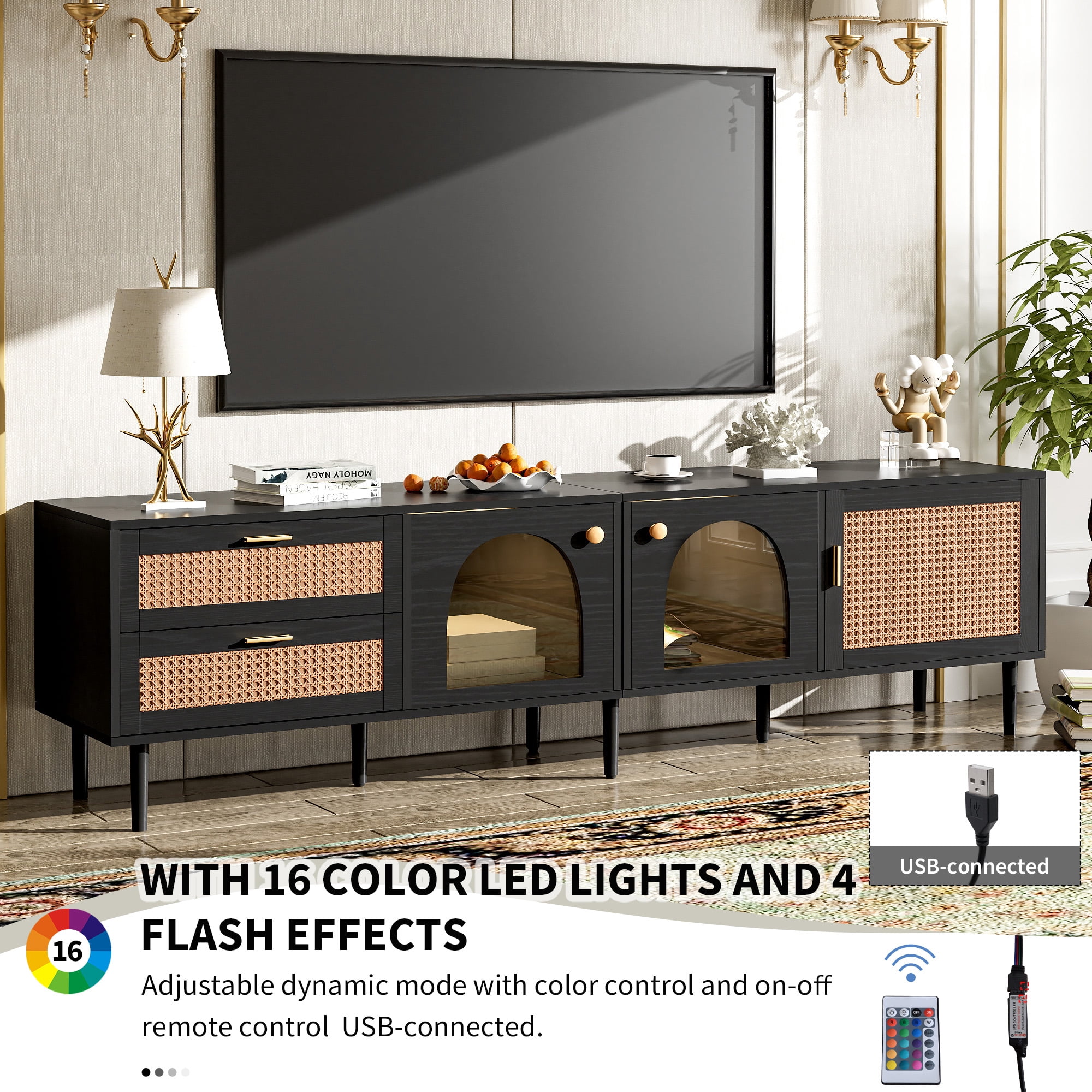 Euroco Rattan TV Stand for TVs up to 80", 70.8" Media Console with Drawers and Cabinets, Boho Entertainment Center with Storage, Sturdy Wooden TV Cabinet for Living Room, Natural Finish