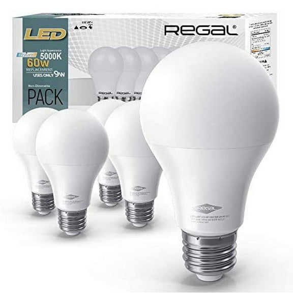 Regal LED A19 Light Bulb 5000K Daylight 800-Lumen, 9-Watt (60-Watt Equivalent), E26 Base, 5000 Kelvin, Day Light, 5-Pack, Non-Dimmable