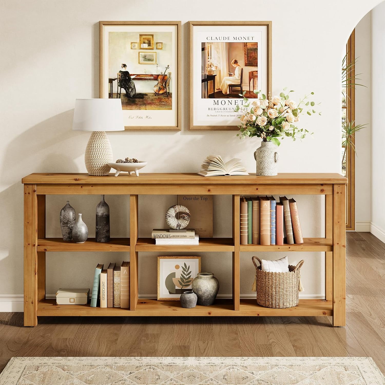 Tribesigns Solid Wood Horizontal Bookcase with Adjustable Shelves, 6 Cubes Storage Organizer Long Bookshelf, Farmhouse Low Cubby Bookcase for Living Room, Home Office, 63 Inches
