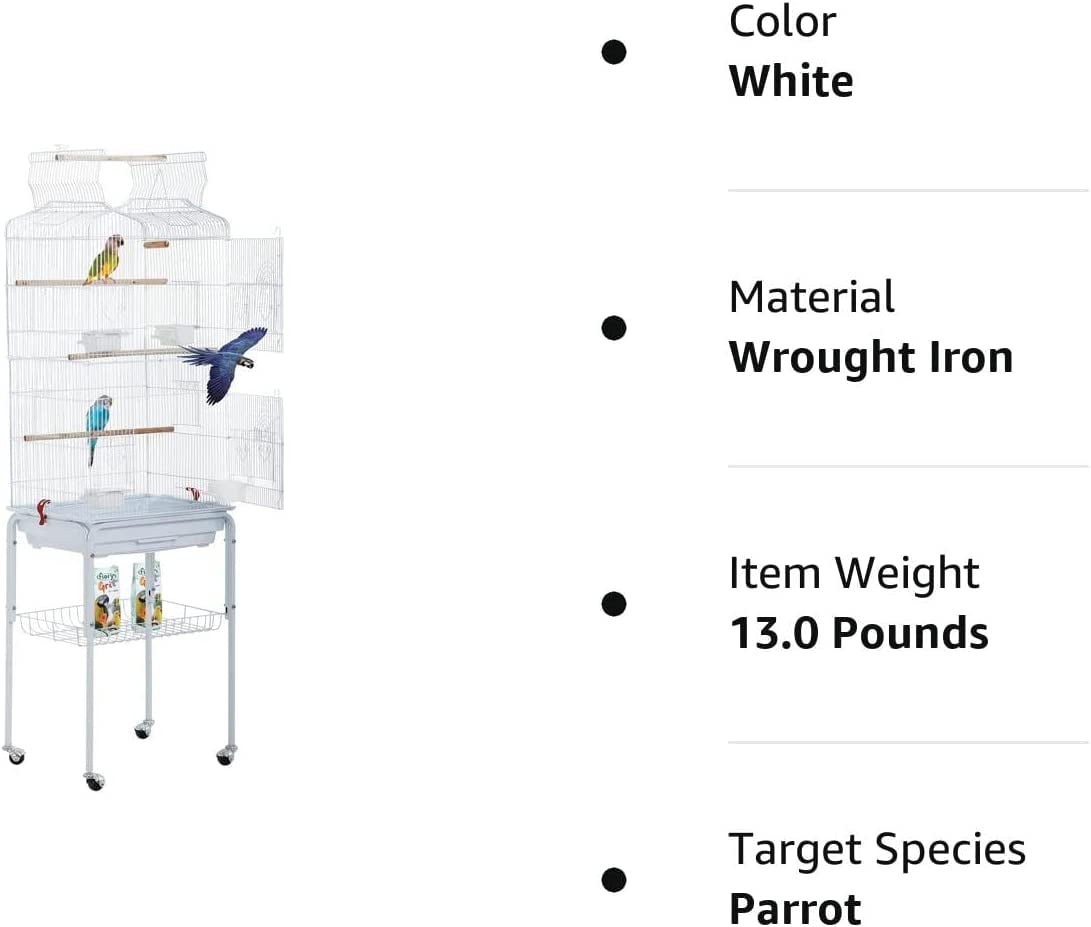 NiamVelo 64-inch Metal Bird Cage with Rolling Stand & Bottom Tray, Pet Storage Shelf Parrot Cage with Open Play Top for Lovebirds & Parakeets, White