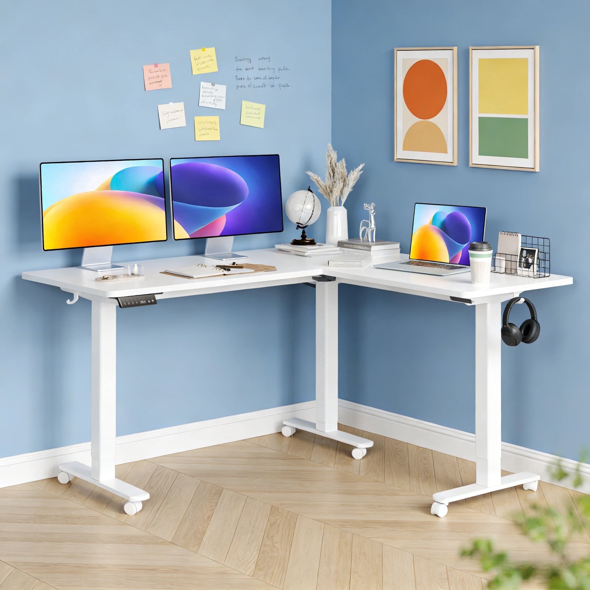 INNOVAR L Shaped Standing Rolling Desk - 63x55 inch Adjustable Height Electric Dual Motor Corner Desk - Large Home Office Sit to Stand up Computer Desk for 2 People W/Preset Memories, White