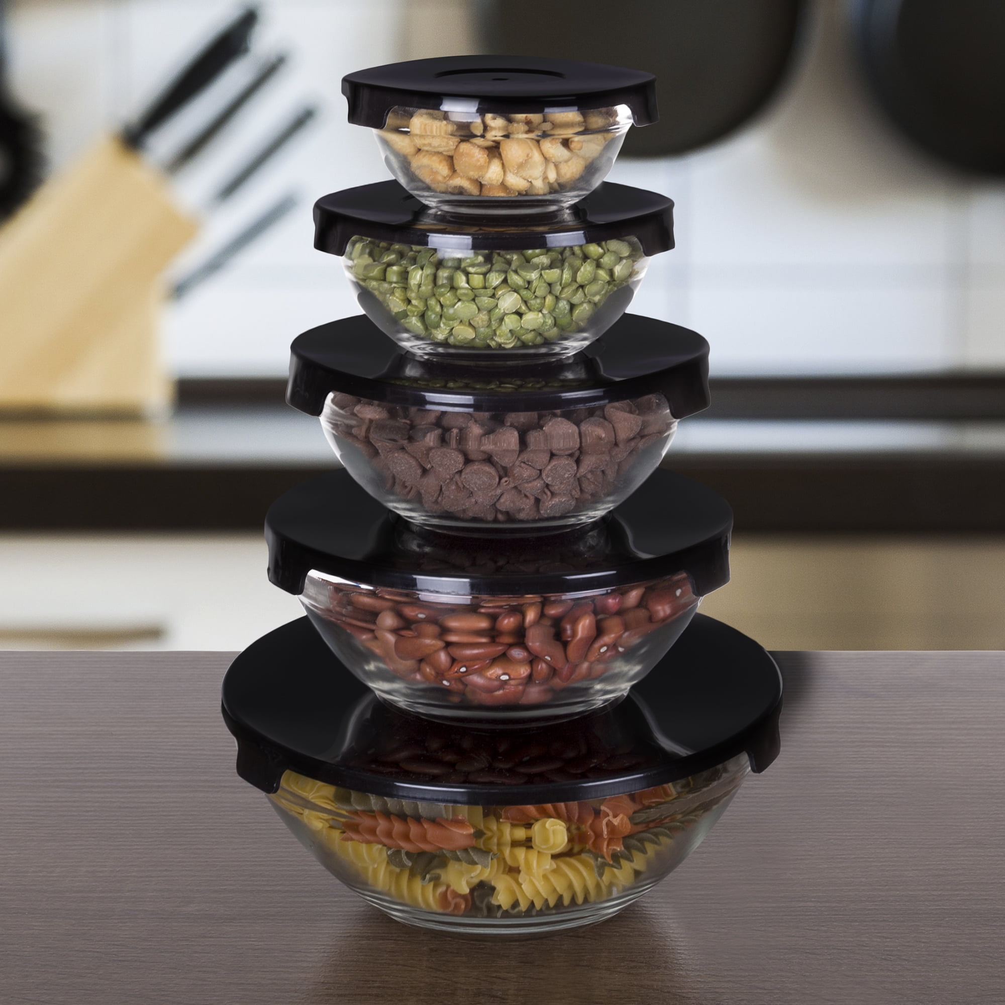Glass Food Storage Containers with Snap Lids- 10 Piece Set by Chef Buddy (Black)